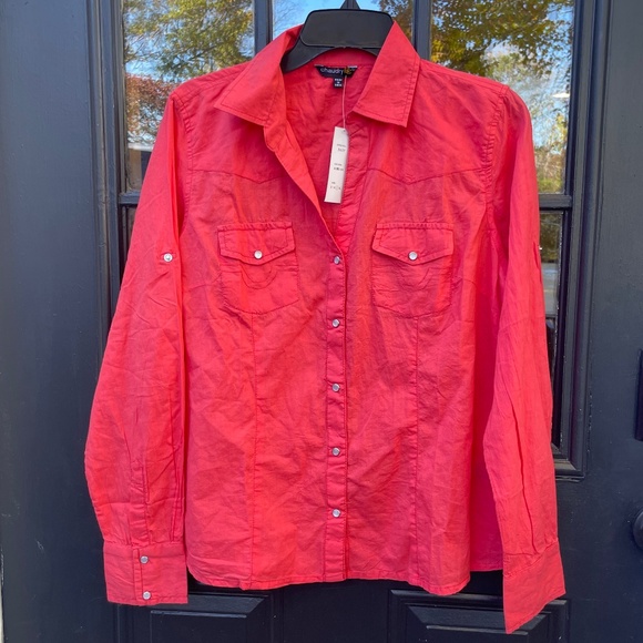 NWT Chaudry Kc by Anthropologie Sz L Button Down Pearl Snap Coral Long Sleeve - Picture 1 of 3